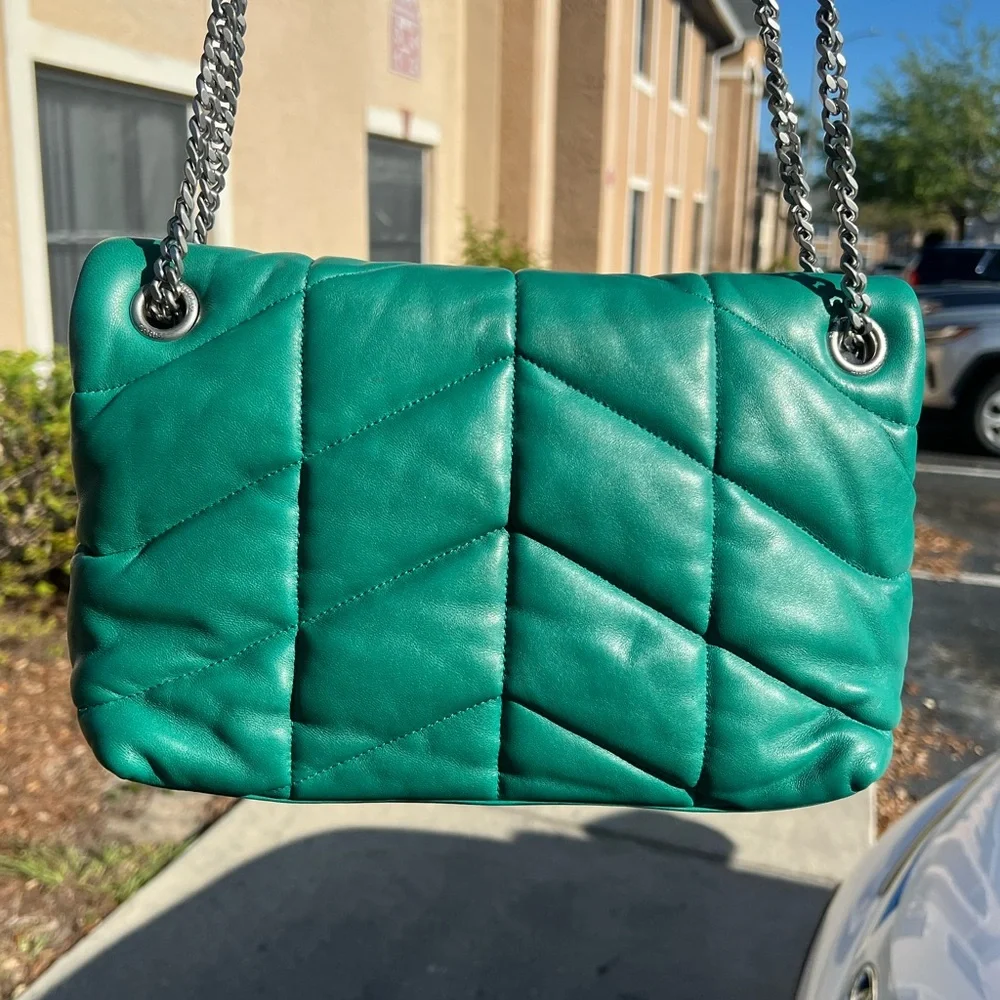 Saint Laurent Lambskin Quilted Loulou Puffer Chain Satchel Green Field Bag - Picture 3 of 8